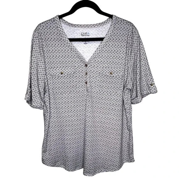 Croft & Barrow Button Up Roll Tab Sleeve Patterned Womens Top Size L