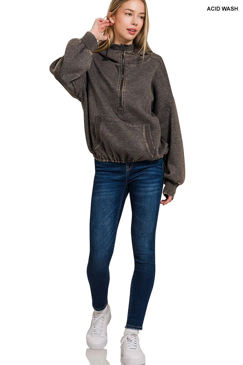 Zenana French Terry Acid Wash Kangaroo Pocket 1/2 Zip Hoodie