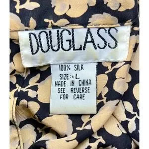 Douglass 100% Silk Blouse Floral Print Black Beige Short Sleeve Womens L