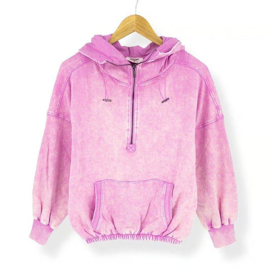 Zenana French Terry Pink Acid Wash Kangaroo Pocket 1/2 Zip Hoodie