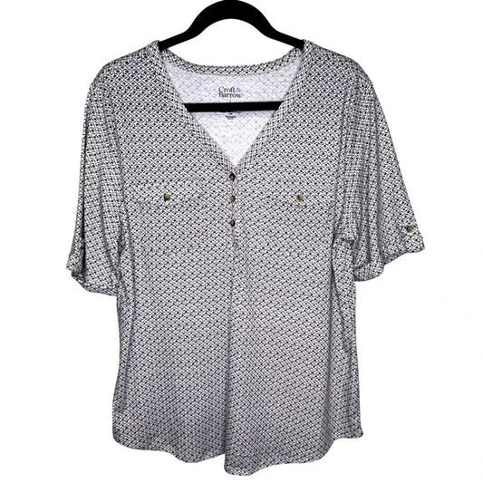 Croft & Barrow Button Up Roll Tab Sleeve Patterned Womens Top Size L