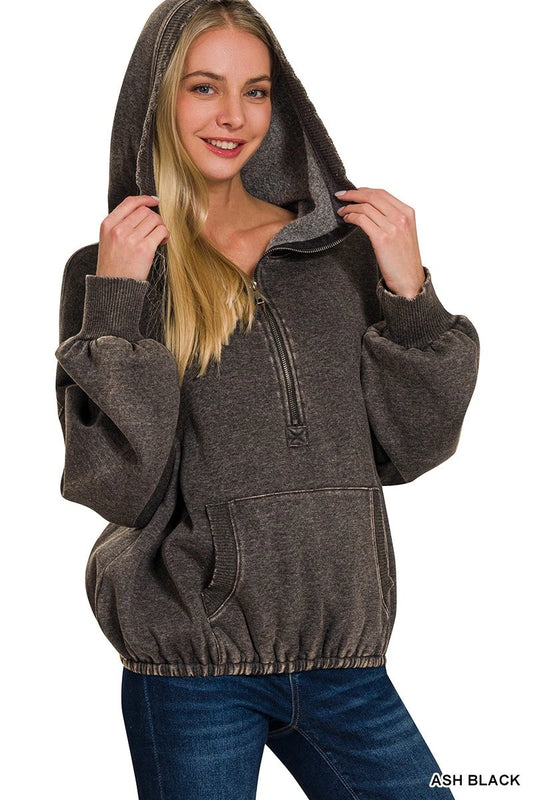 Zenana French Terry Acid Wash Kangaroo Pocket 1/2 Zip Hoodie