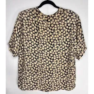 Douglass 100% Silk Blouse Floral Print Black Beige Short Sleeve Womens L